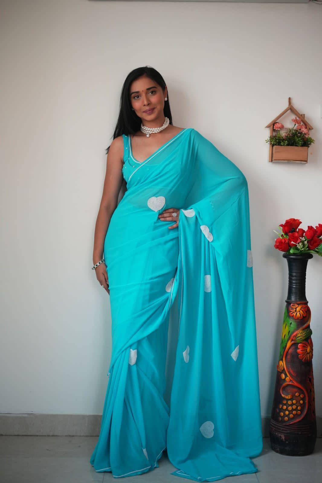 Pretty 1-Minute Ready To Wear Sky Georgette Saree