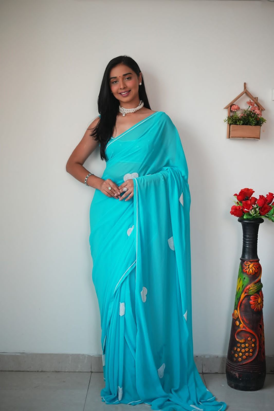 Pretty 1-Minute Ready To Wear Sky Georgette Saree