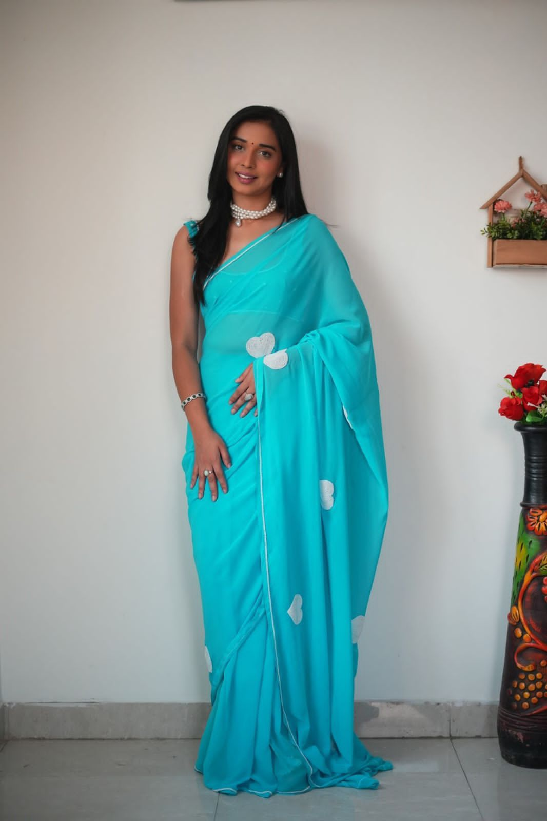 Pretty 1-Minute Ready To Wear Sky Georgette Saree