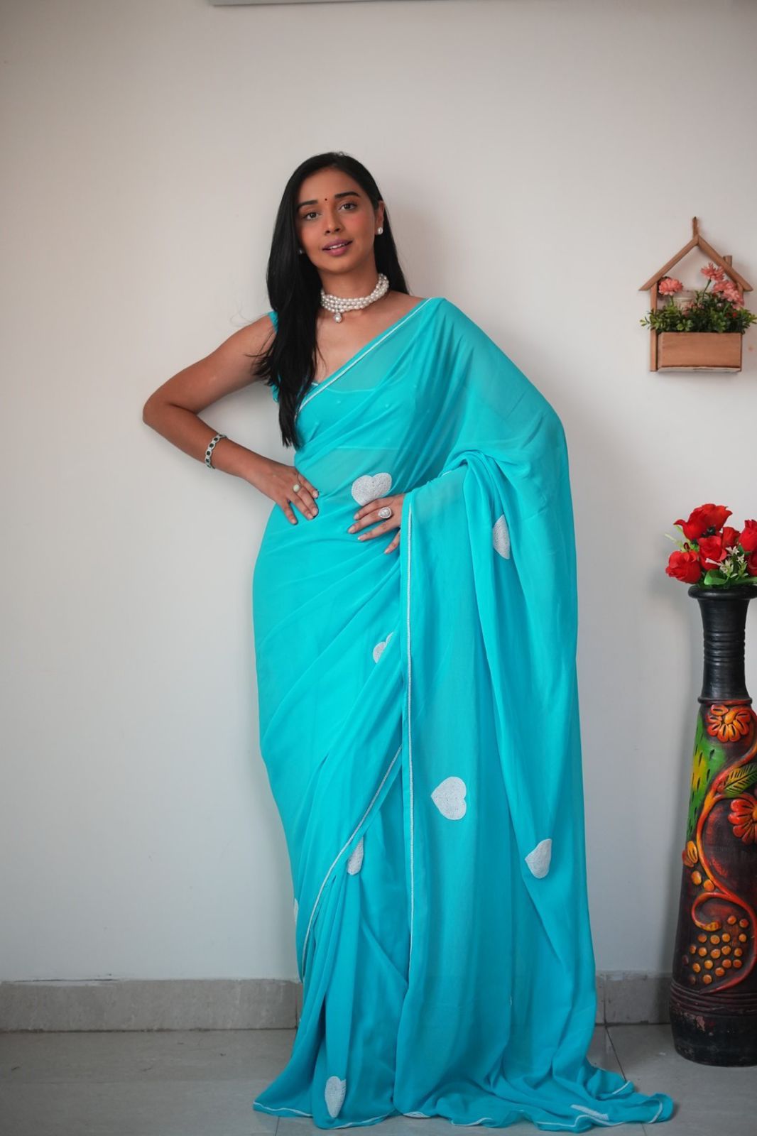 Pretty 1-Minute Ready To Wear Sky Georgette Saree