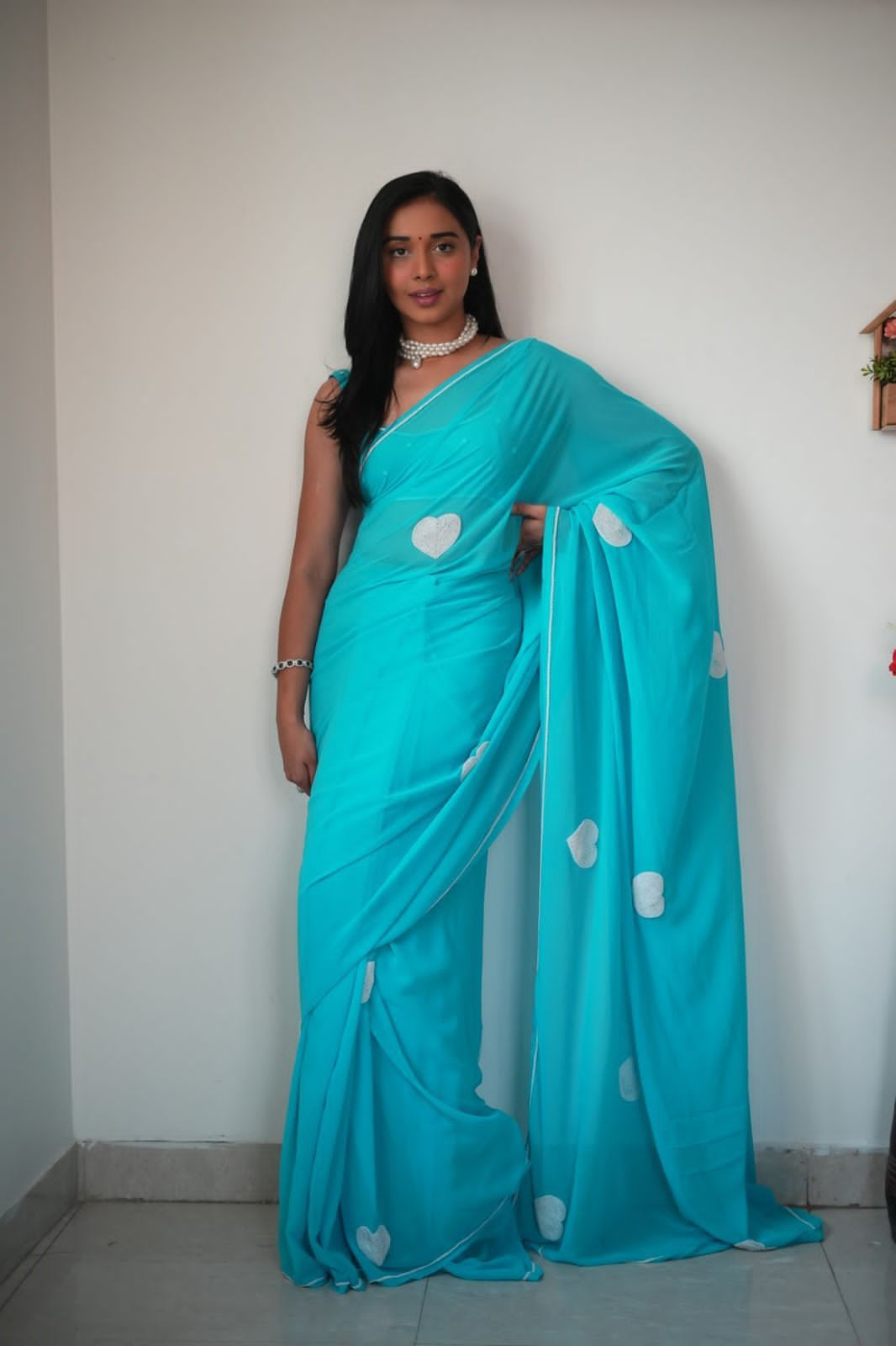 Pretty 1-Minute Ready To Wear Sky Georgette Saree