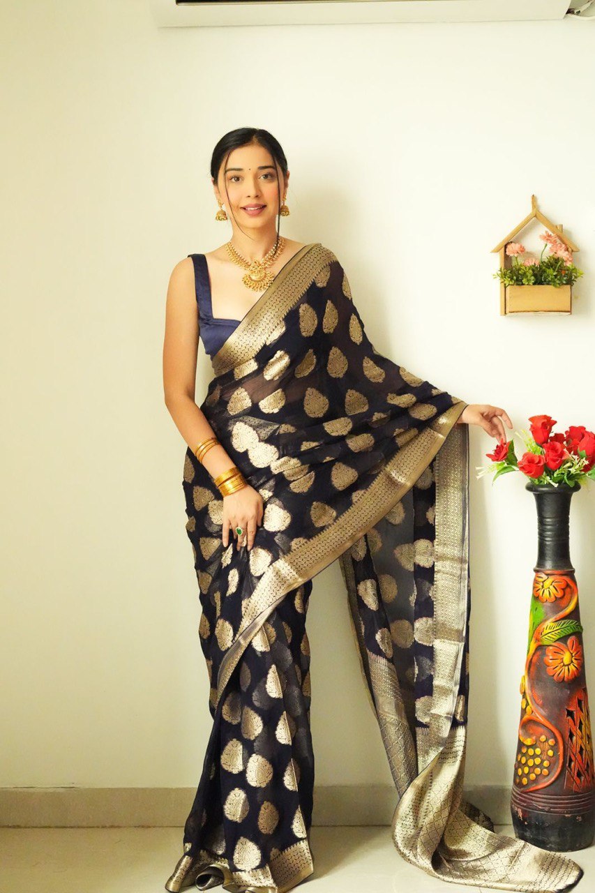 Appealing 1-Minute Ready To Wear Black Soft Silk Saree