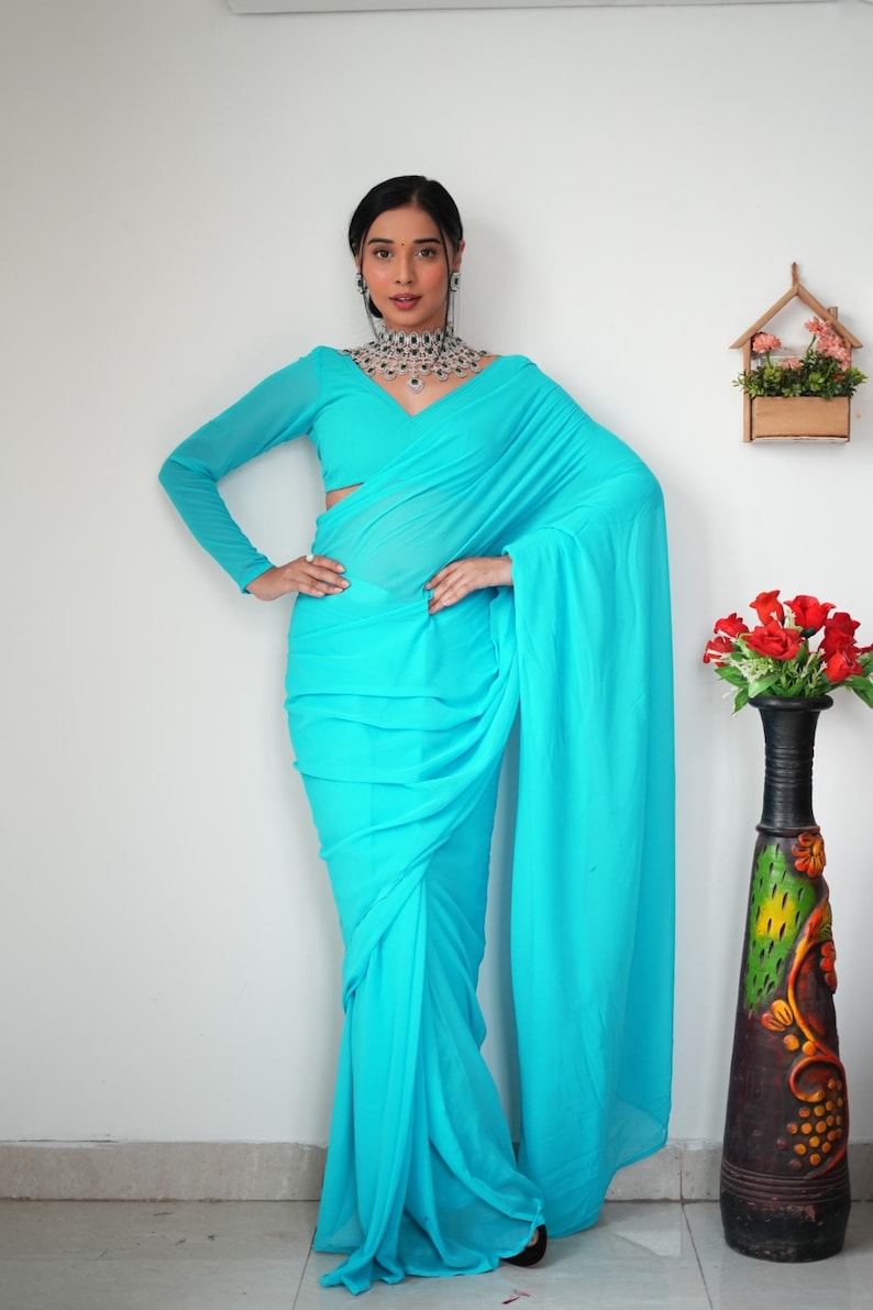 Charming 1-Minute Ready To Wear Firozi Georgette Saree