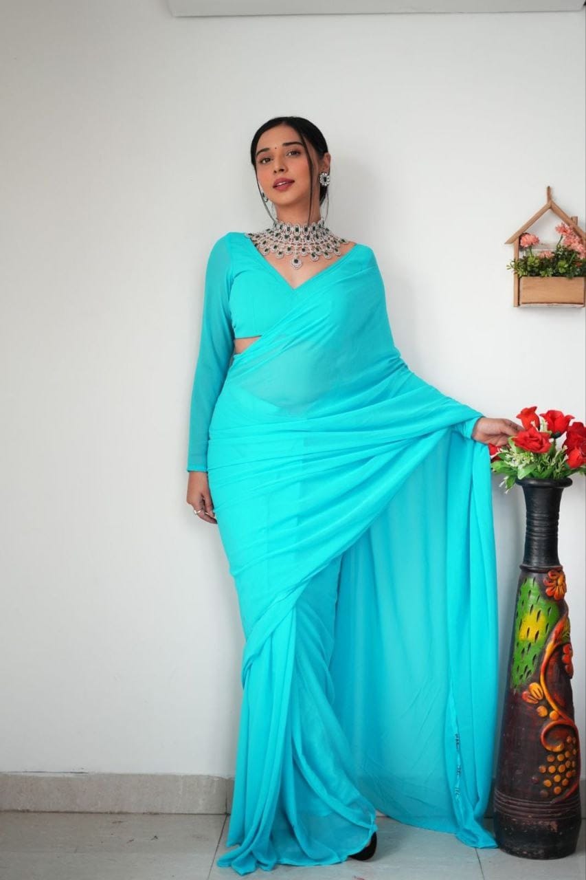 Charming 1-Minute Ready To Wear Firozi Georgette Saree