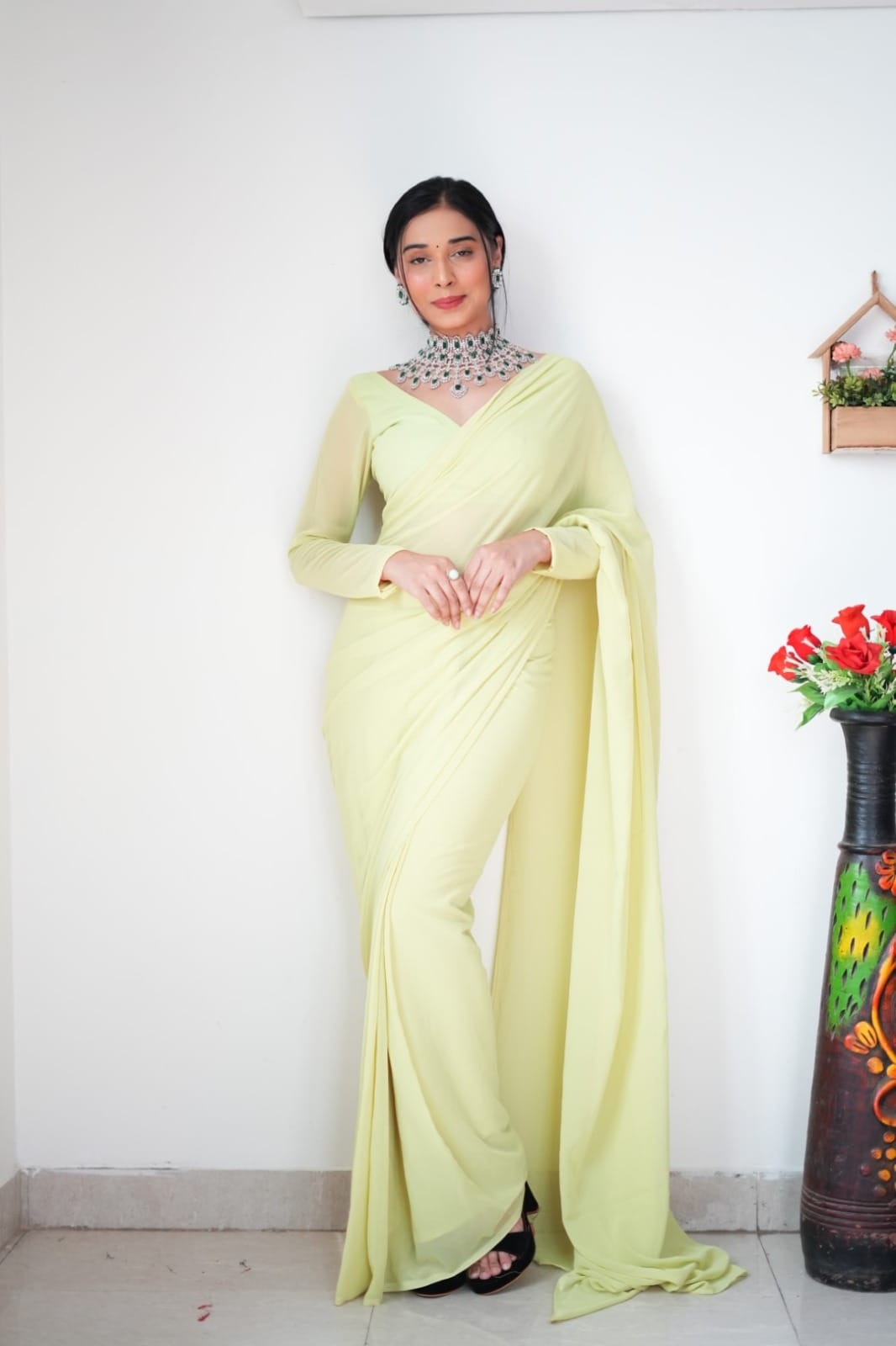 Alluring 1-Minute Ready To Wear Lemon Georgette Saree