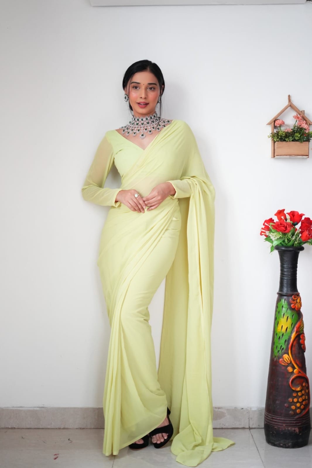 Alluring 1-Minute Ready To Wear Lemon Georgette Saree