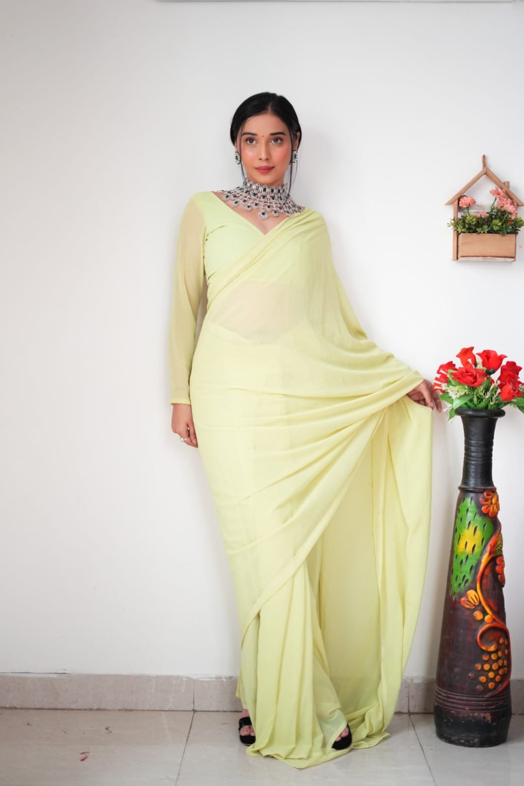 Alluring 1-Minute Ready To Wear Lemon Georgette Saree