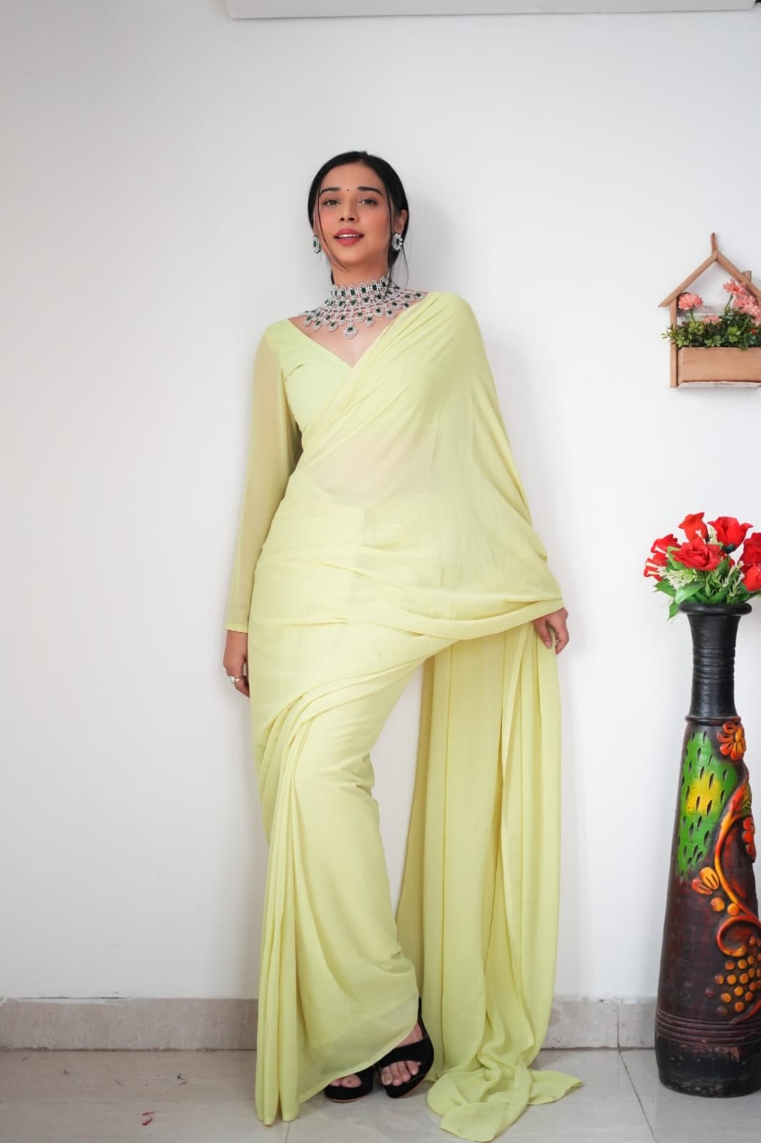 Alluring 1-Minute Ready To Wear Lemon Georgette Saree