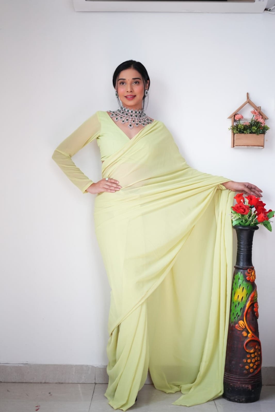 Alluring 1-Minute Ready To Wear Lemon Georgette Saree