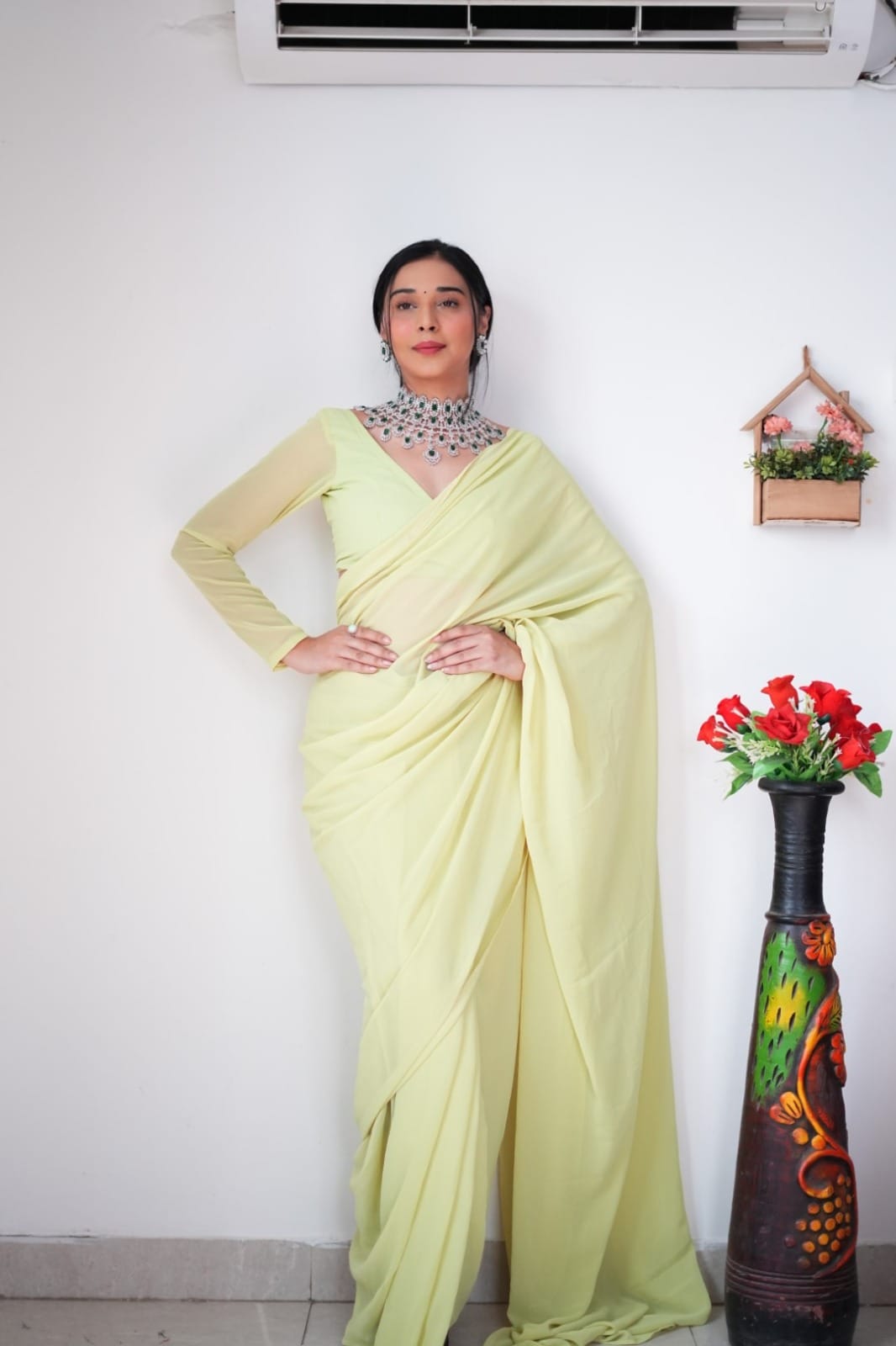 Alluring 1-Minute Ready To Wear Lemon Georgette Saree