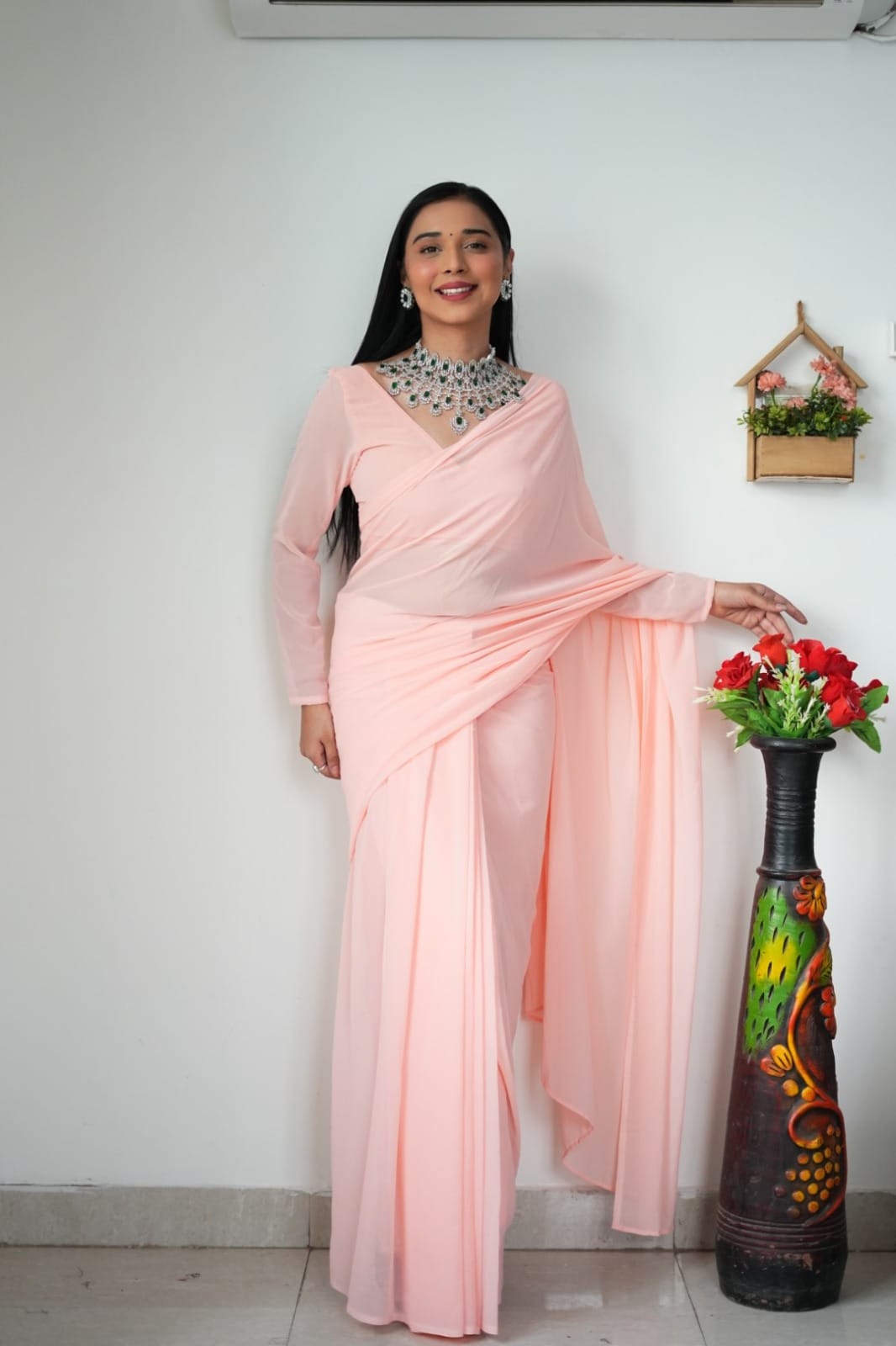 Radiant 1-Minute Ready To Wear Light Pink Georgette Saree