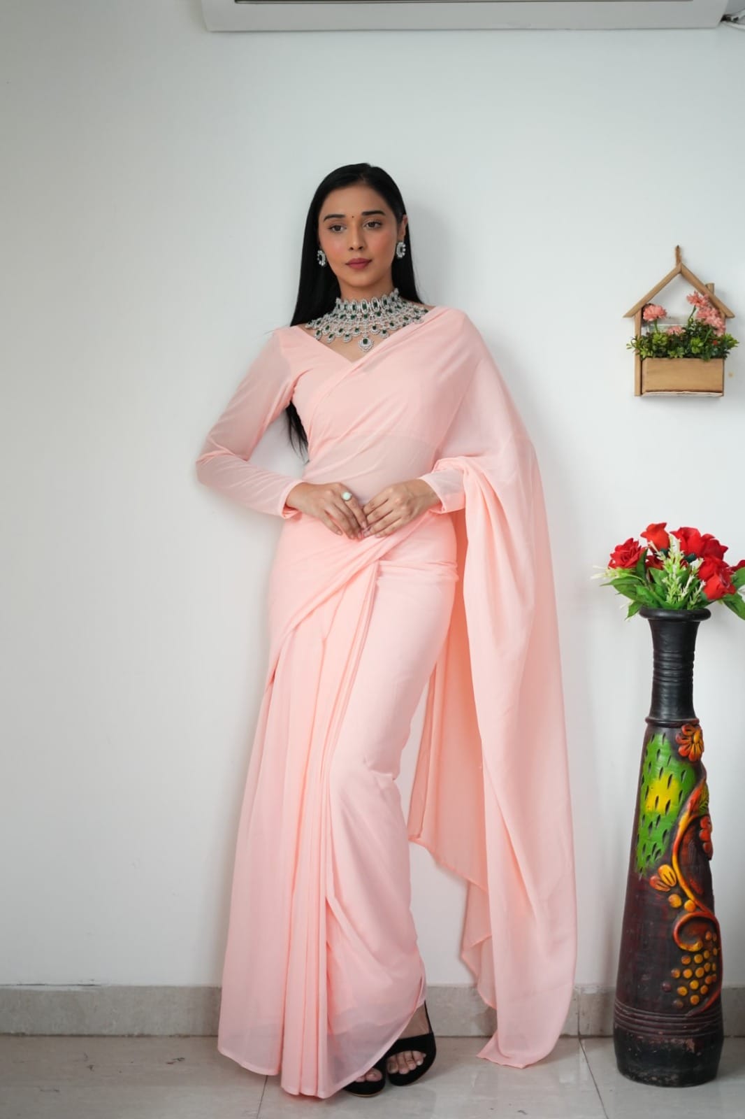 Radiant 1-Minute Ready To Wear Light Pink Georgette Saree