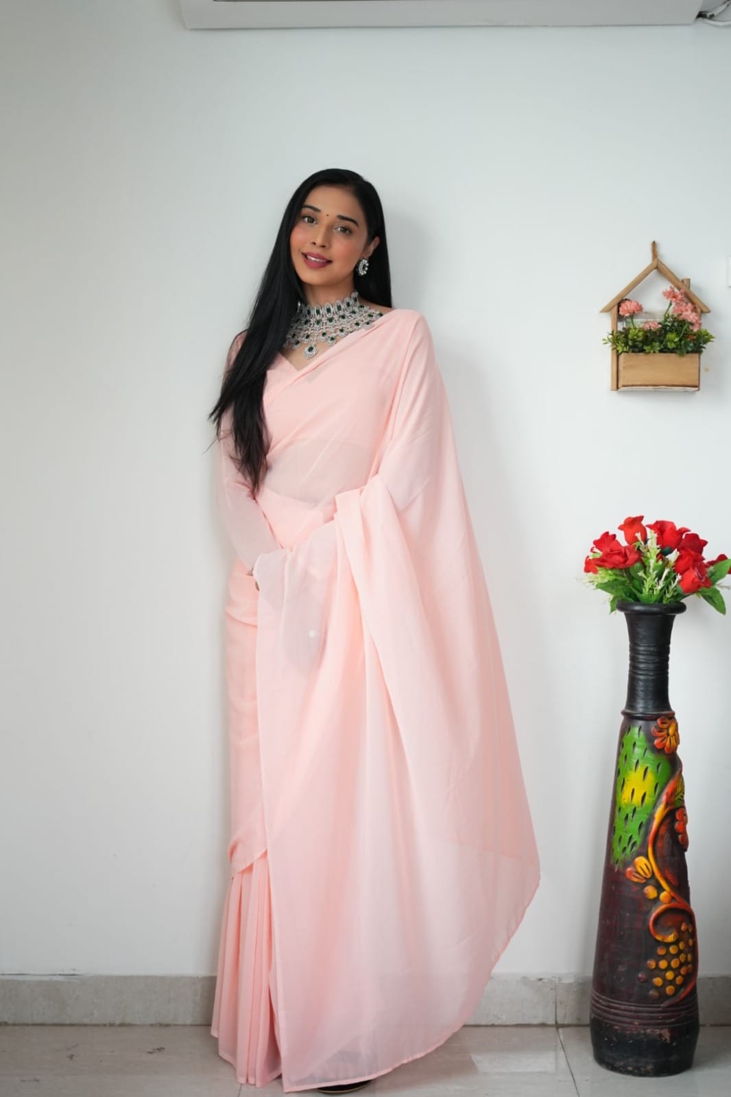 Radiant 1-Minute Ready To Wear Light Pink Georgette Saree