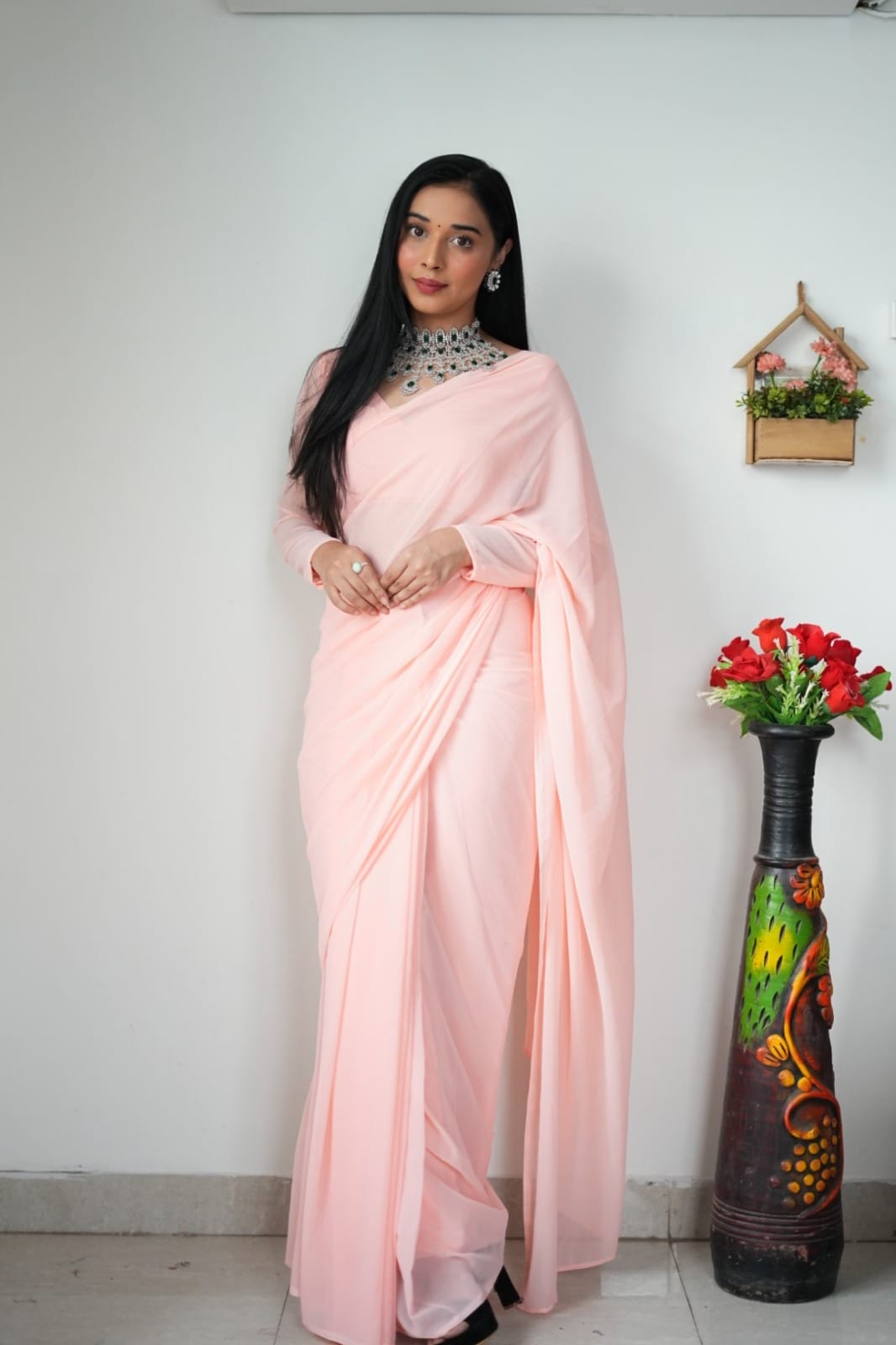 Radiant 1-Minute Ready To Wear Light Pink Georgette Saree