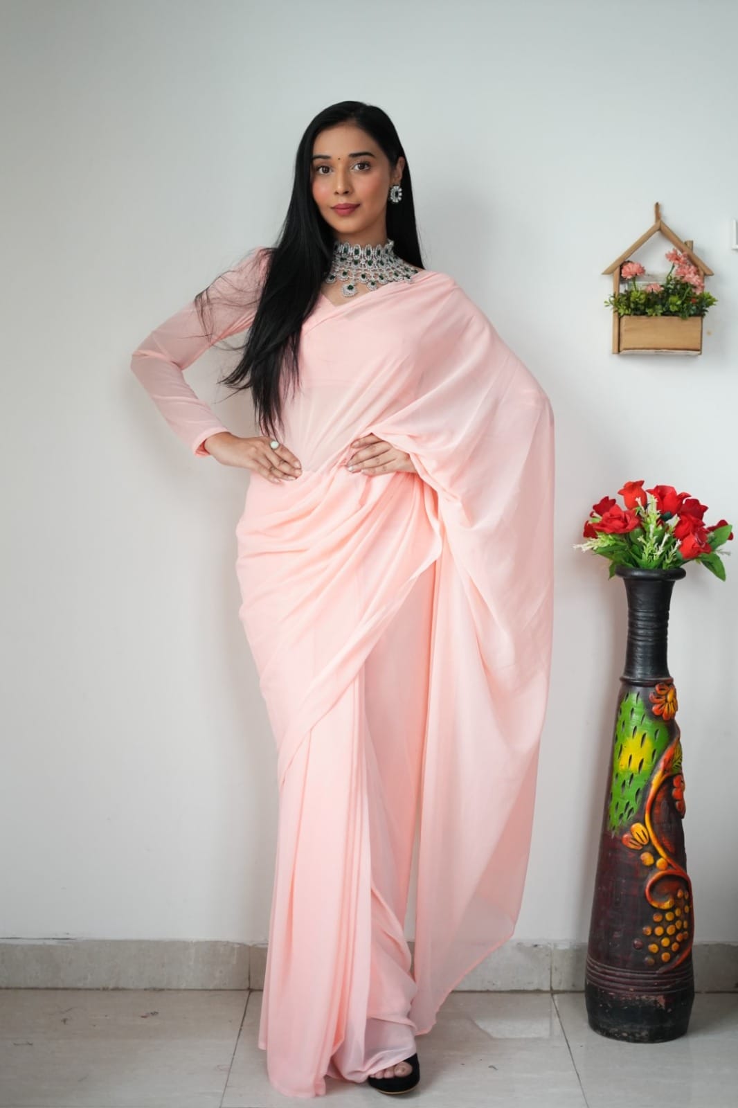 Radiant 1-Minute Ready To Wear Light Pink Georgette Saree