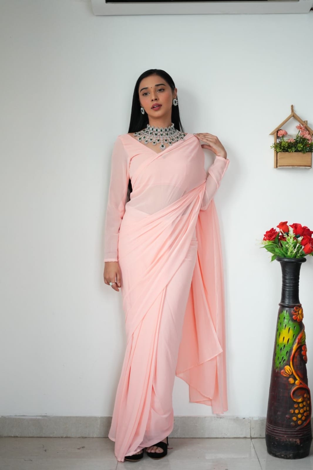 Radiant 1-Minute Ready To Wear Light Pink Georgette Saree