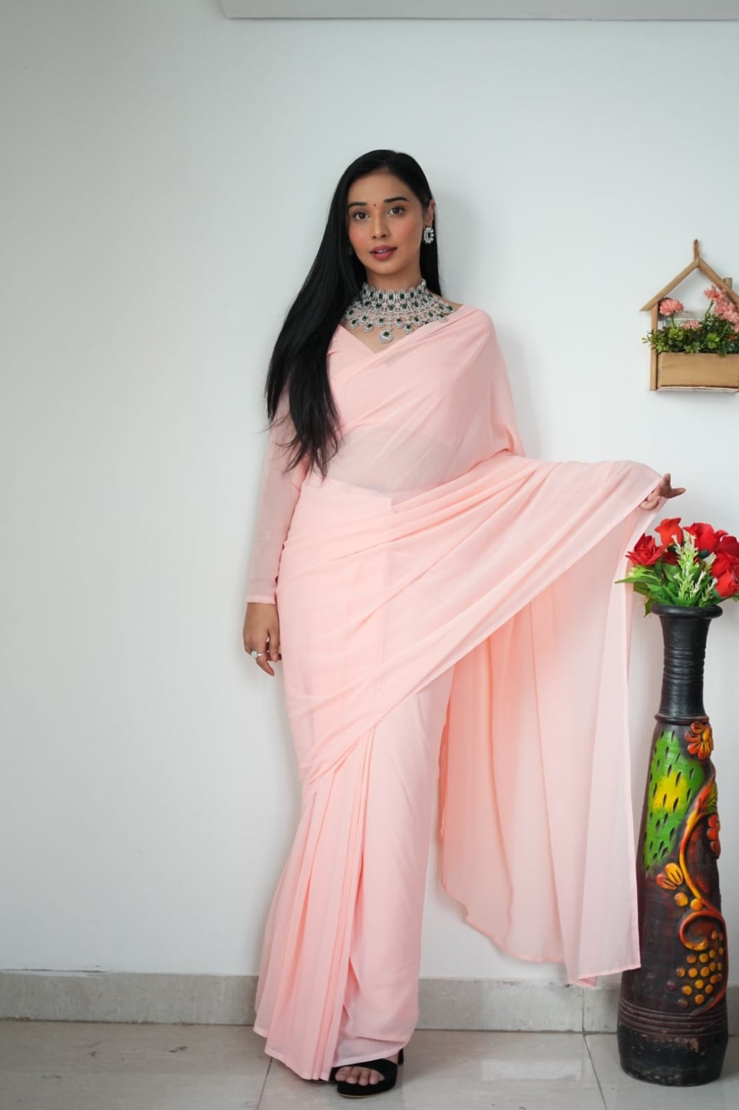 Radiant 1-Minute Ready To Wear Light Pink Georgette Saree