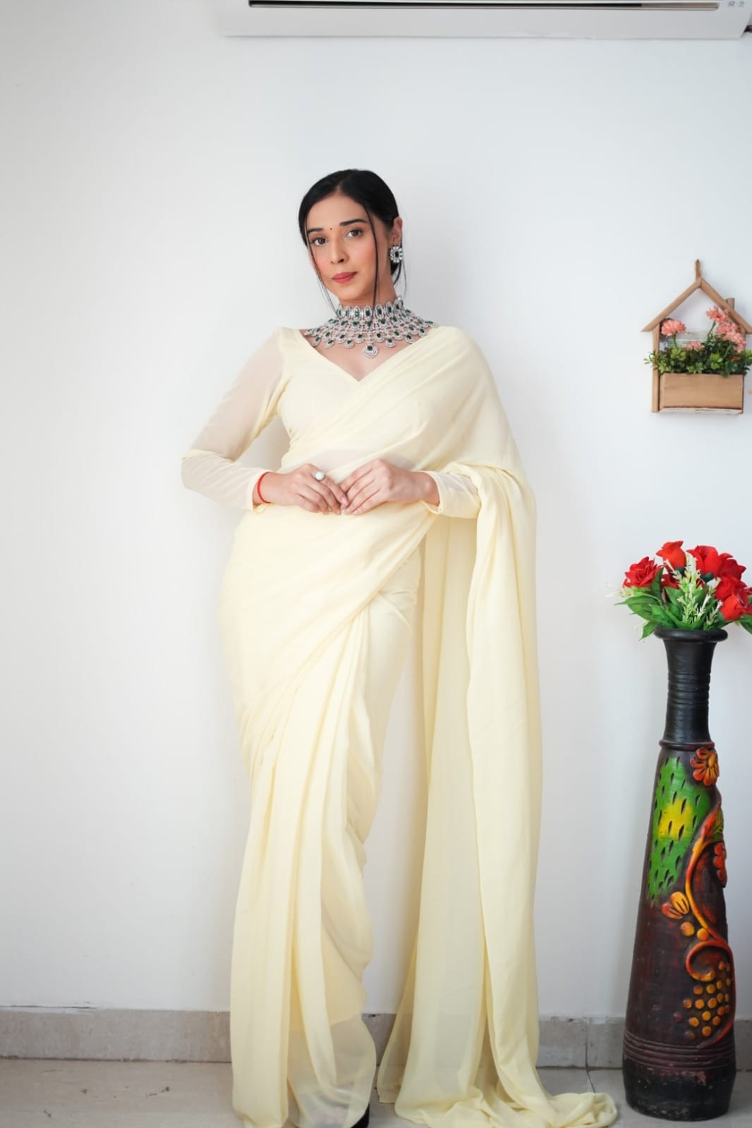 Elegant 1-Minute Ready To Wear Off White Georgette Saree