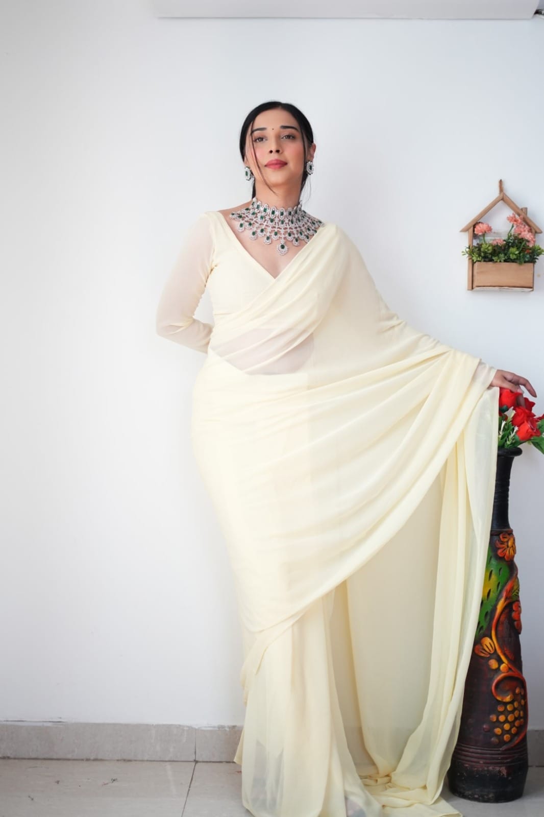 Elegant 1-Minute Ready To Wear Off White Georgette Saree