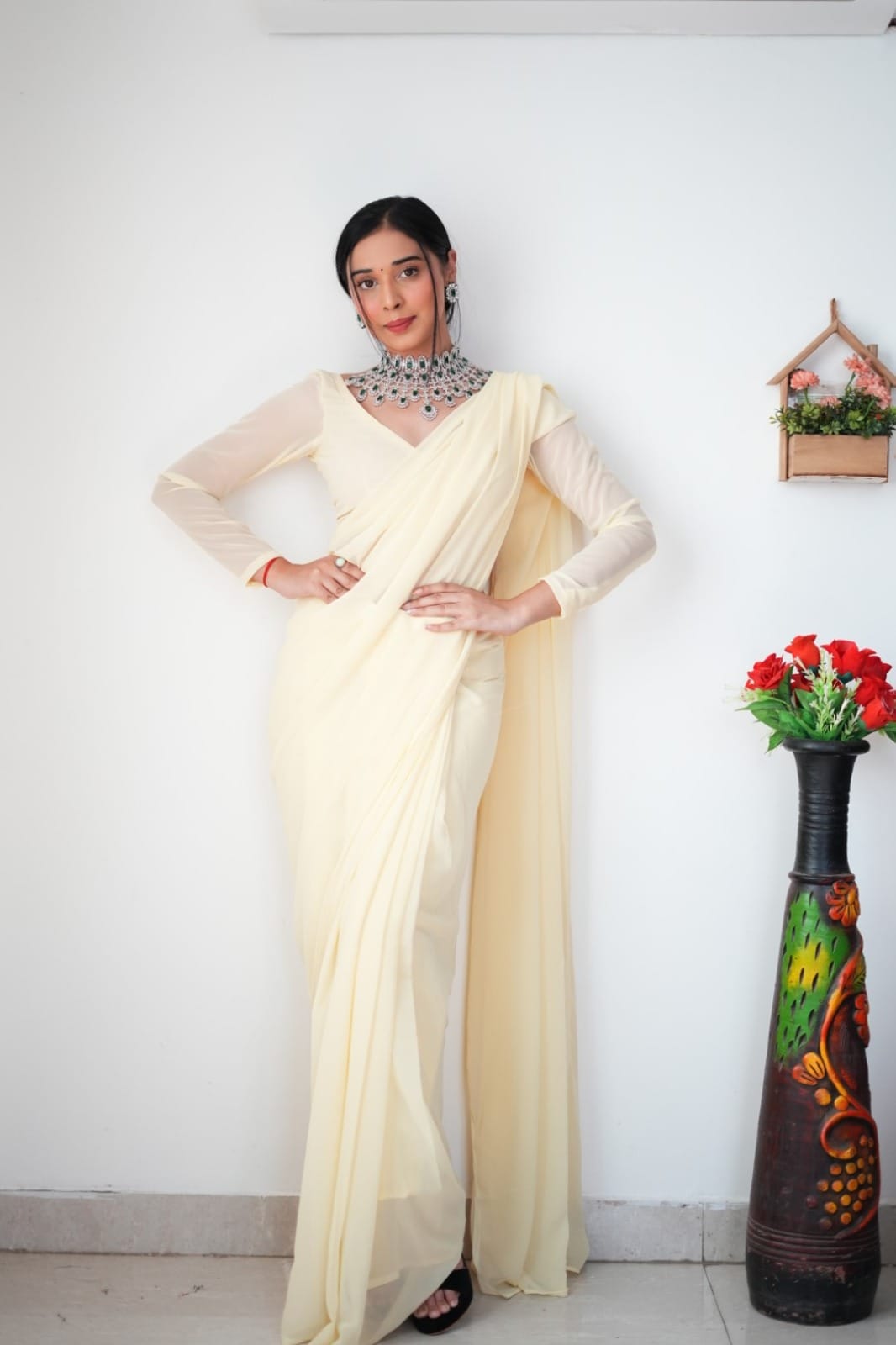 Elegant 1-Minute Ready To Wear Off White Georgette Saree