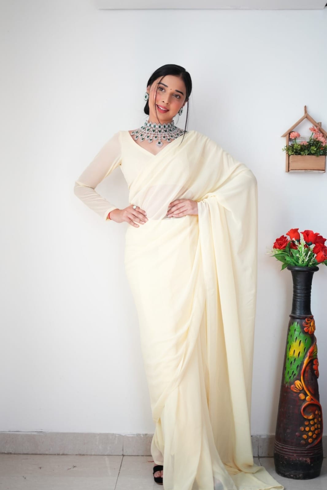 Elegant 1-Minute Ready To Wear Off White Georgette Saree