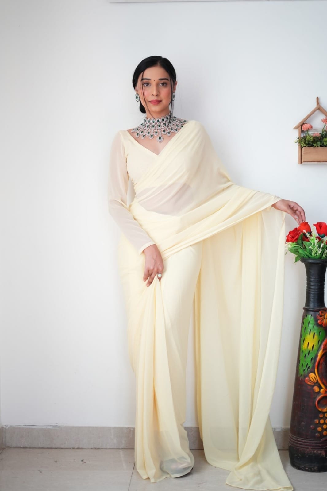 Elegant 1-Minute Ready To Wear Off White Georgette Saree