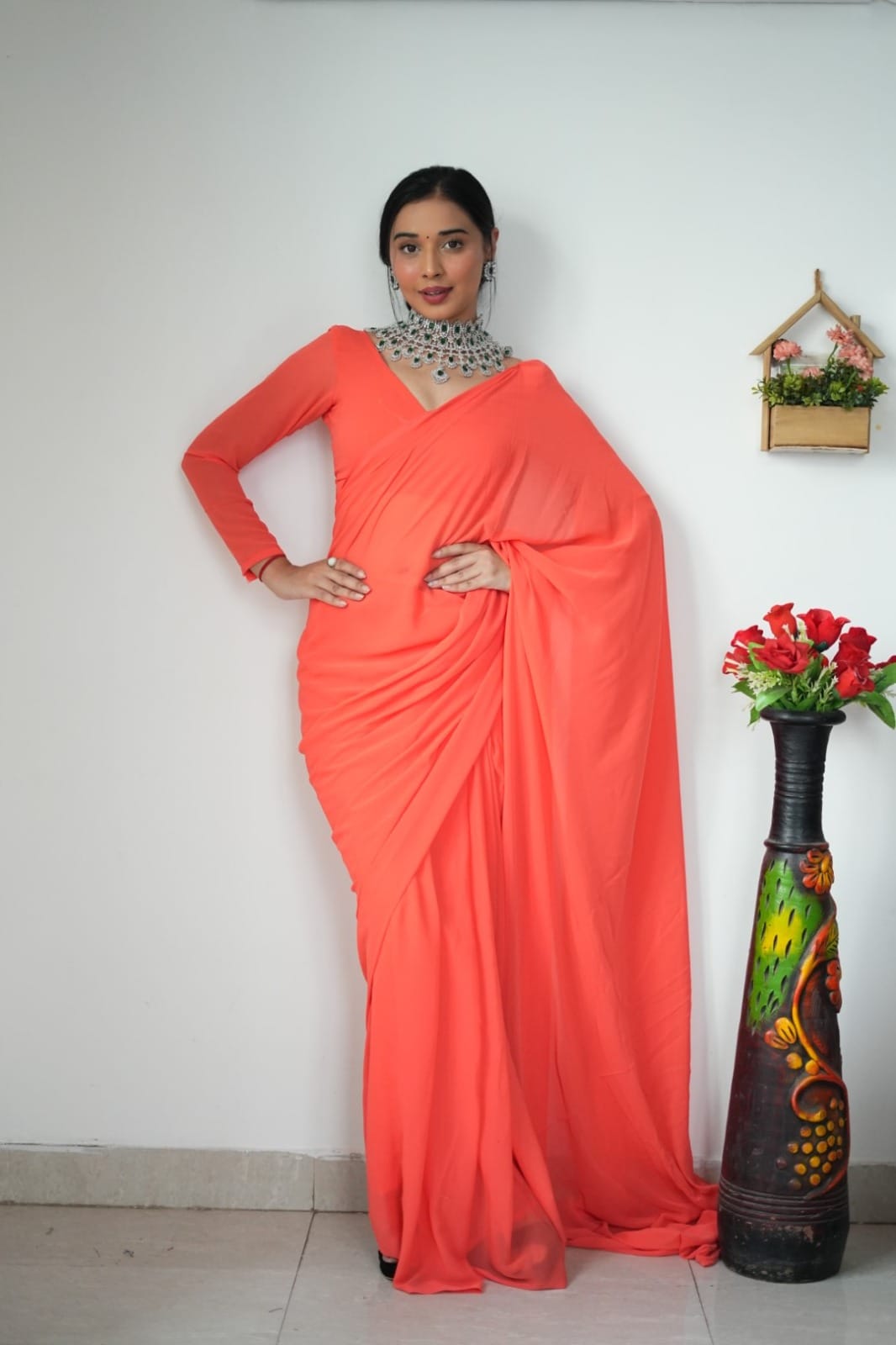 Exquisite 1-Minute Ready To Wear Orange Georgette Saree