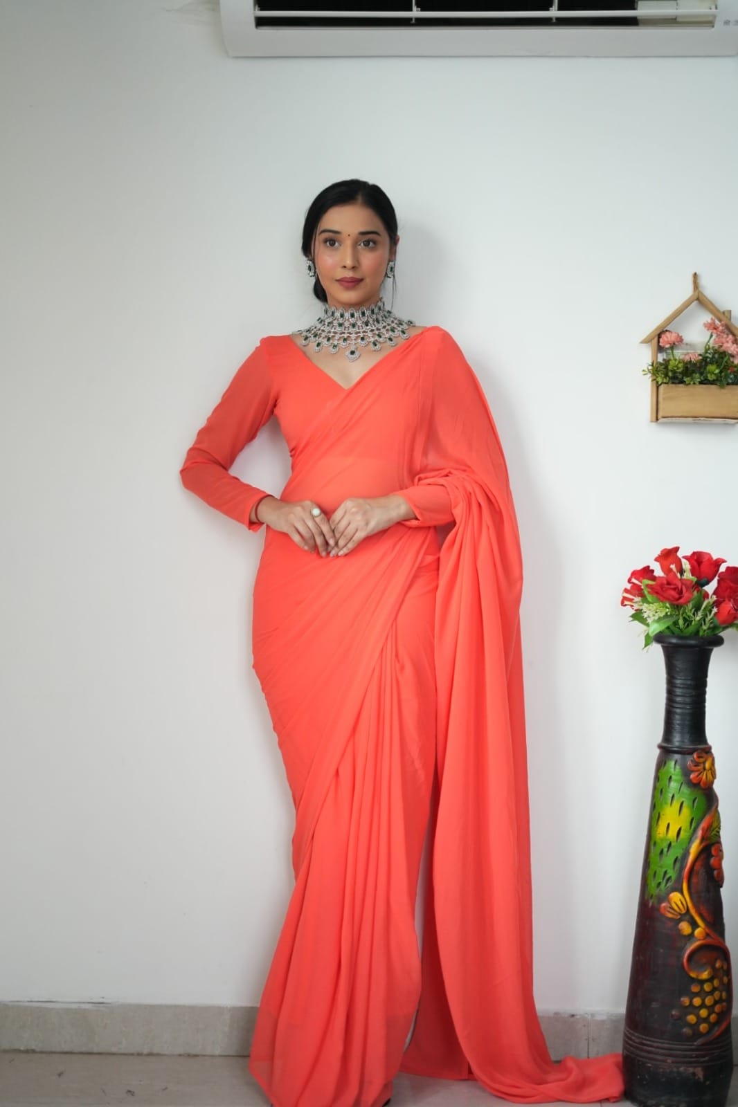 Exquisite 1-Minute Ready To Wear Orange Georgette Saree