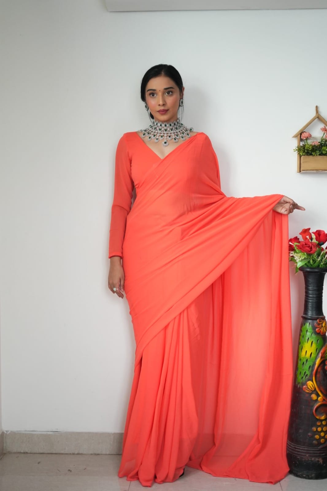 Exquisite 1-Minute Ready To Wear Orange Georgette Saree