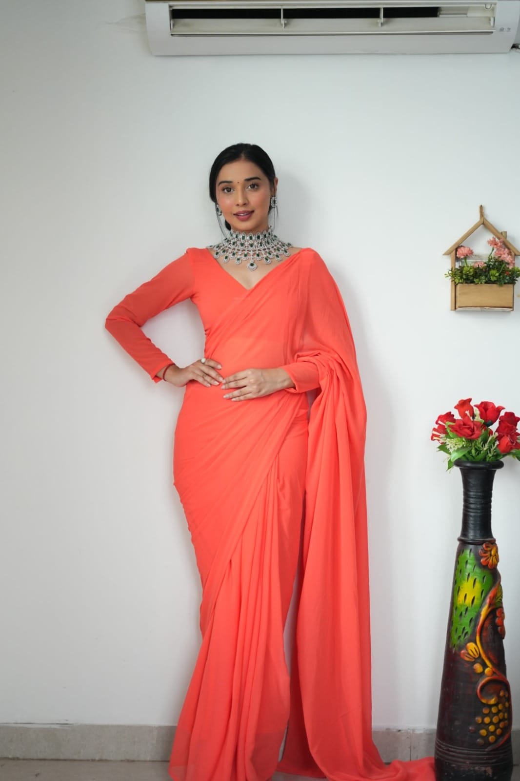 Exquisite 1-Minute Ready To Wear Orange Georgette Saree