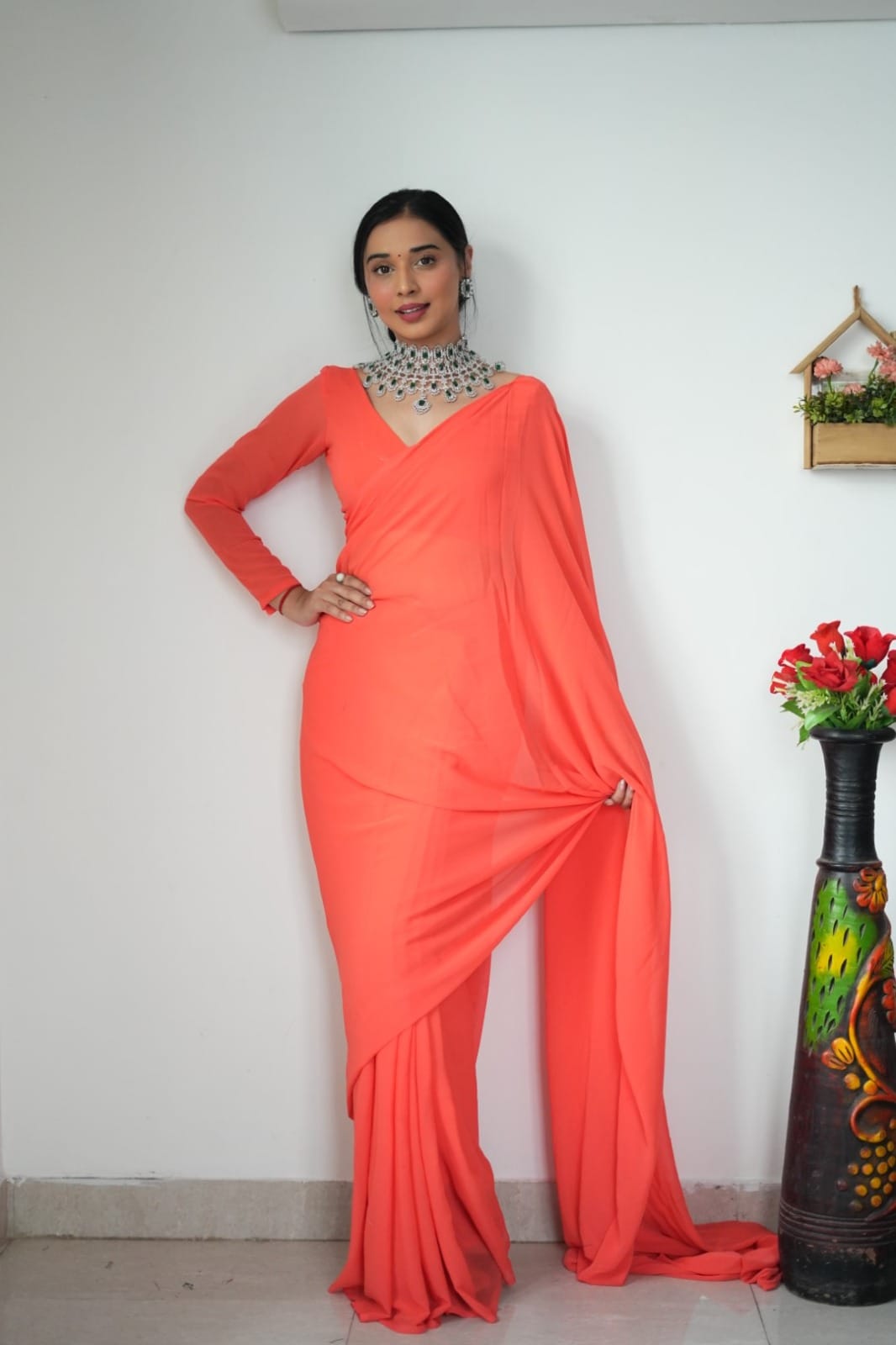 Exquisite 1-Minute Ready To Wear Orange Georgette Saree