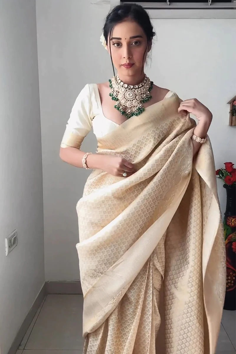 Appealing 1-Minute Ready To Wear Beige Soft Silk Saree