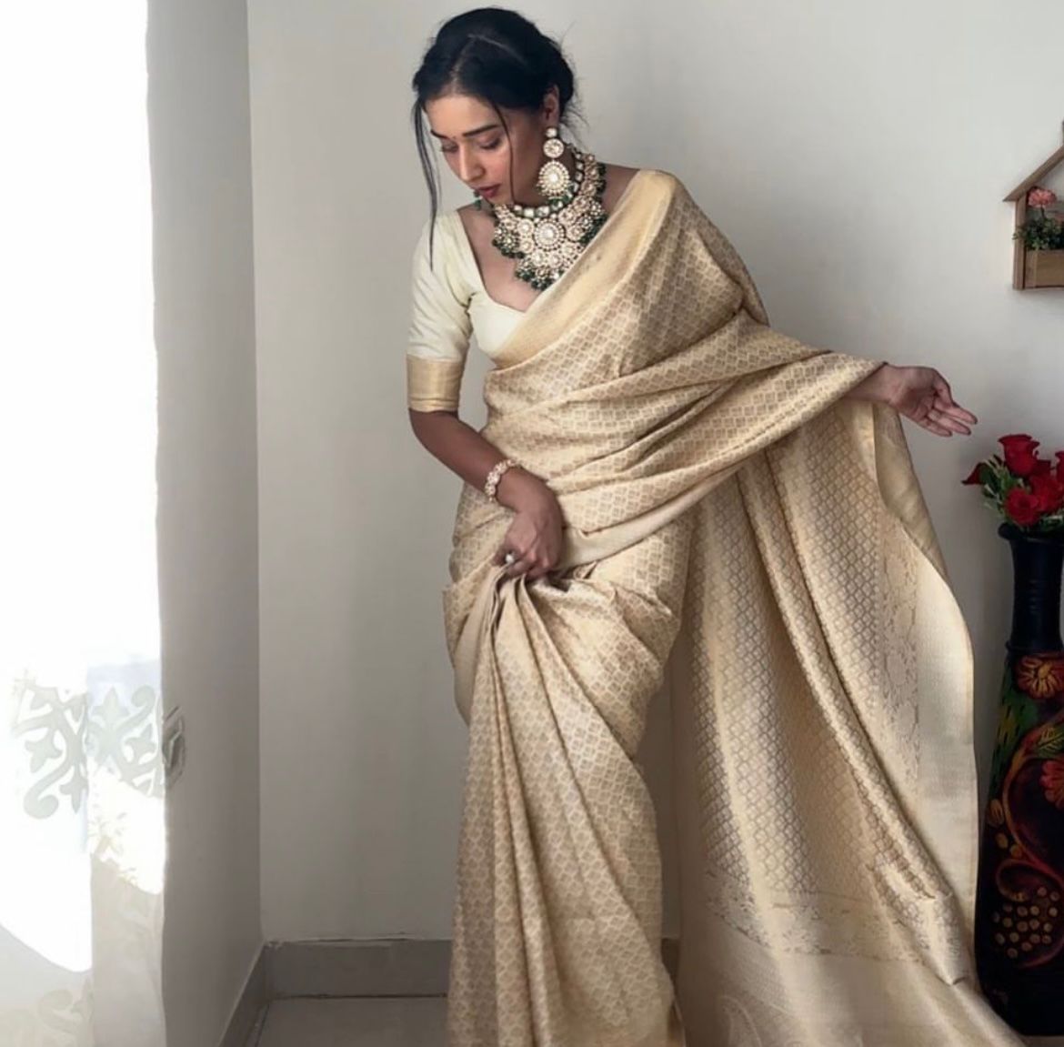 Appealing 1-Minute Ready To Wear Beige Soft Silk Saree