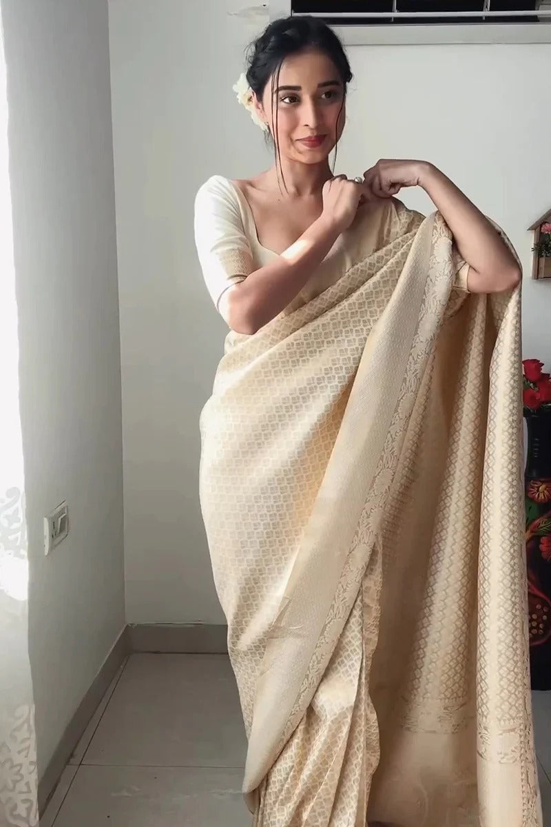 Appealing 1-Minute Ready To Wear Beige Soft Silk Saree