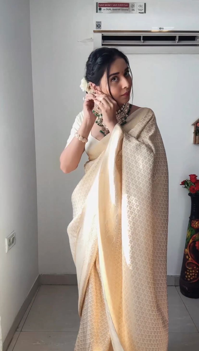 Appealing 1-Minute Ready To Wear Beige Soft Silk Saree