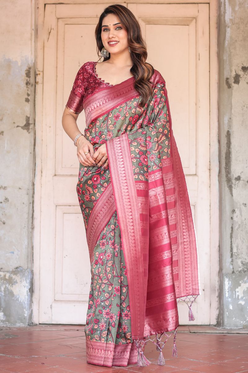 Banarasi Digitally Printed Silk Saree with Rich Olive Green Base