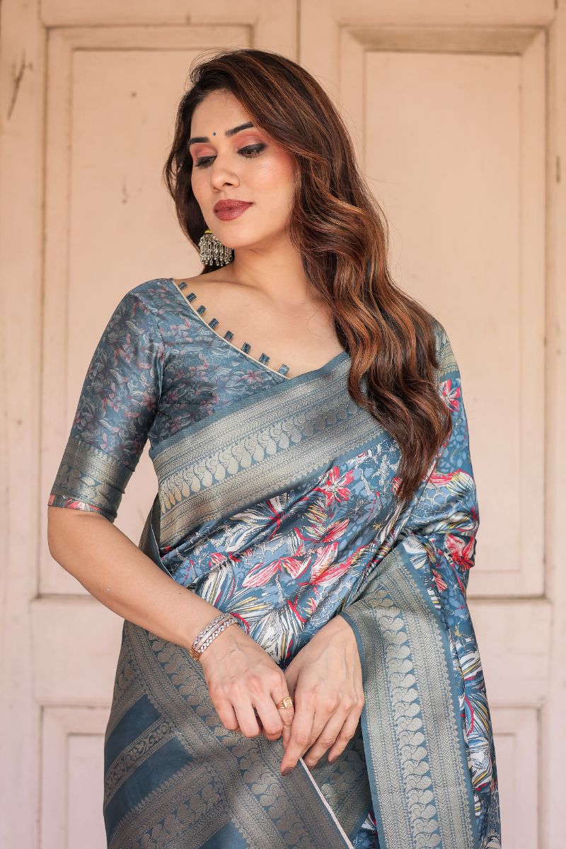 Calm Blue Banarasi Silk Saree with Digital Print