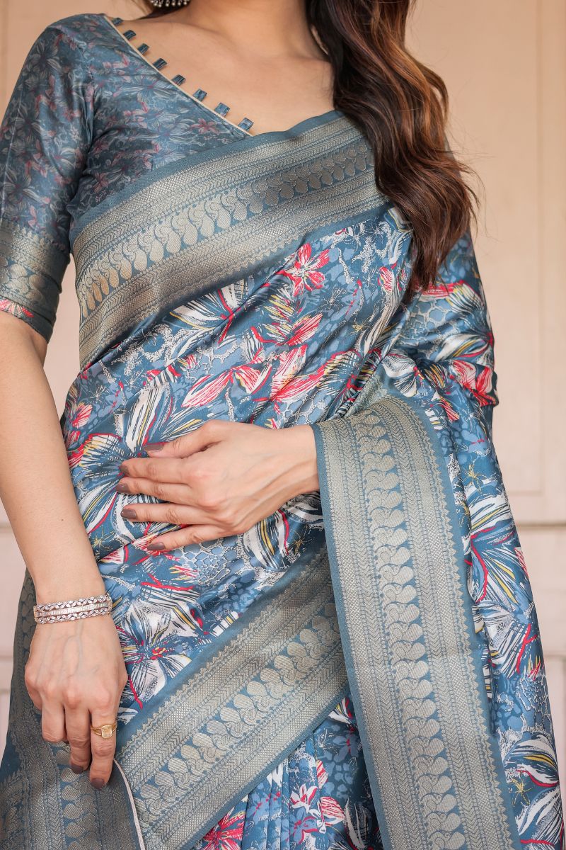 Calm Blue Banarasi Silk Saree with Digital Print