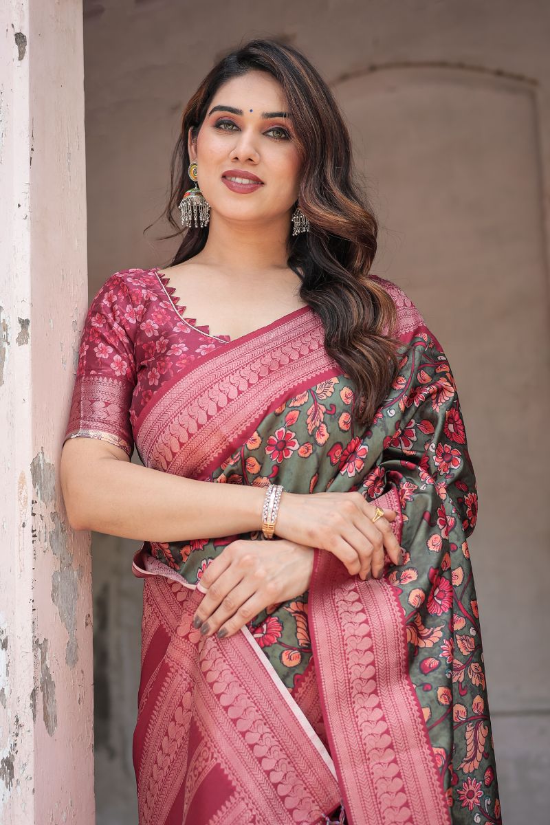 Banarasi Digitally Printed Silk Saree with Rich Olive Green Base