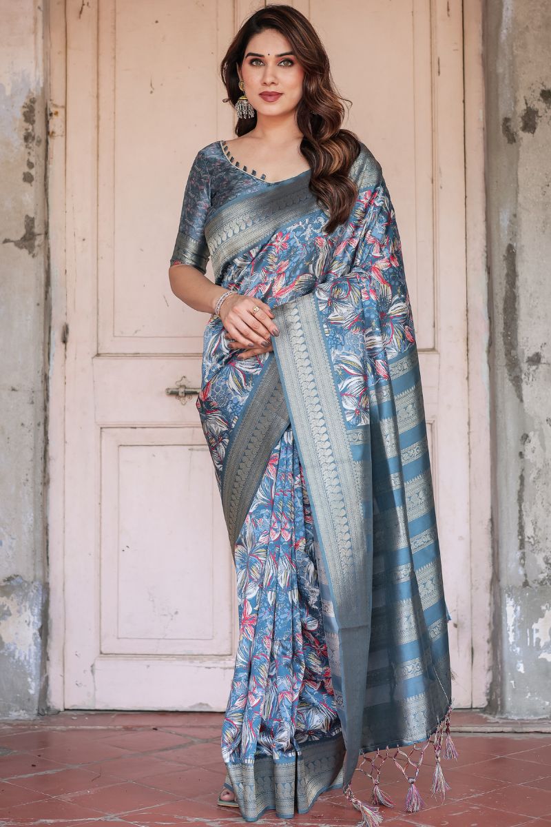Calm Blue Banarasi Silk Saree with Digital Print