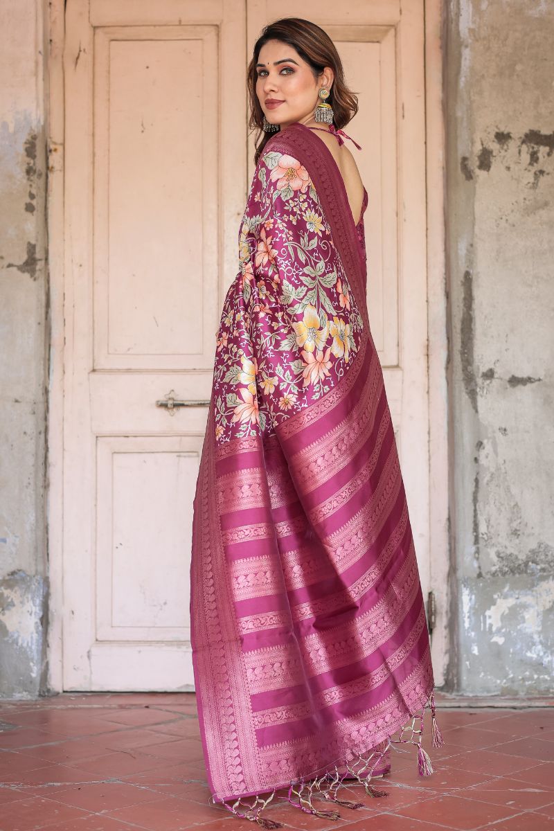 Rich Wine Purple Banarasi Silk Saree with Digital Printing