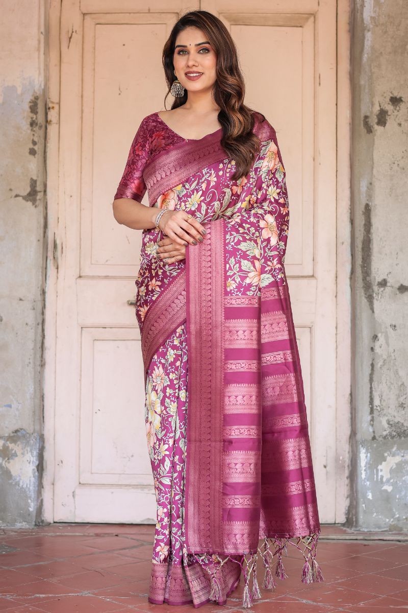 Rich Wine Purple Banarasi Silk Saree with Digital Printing