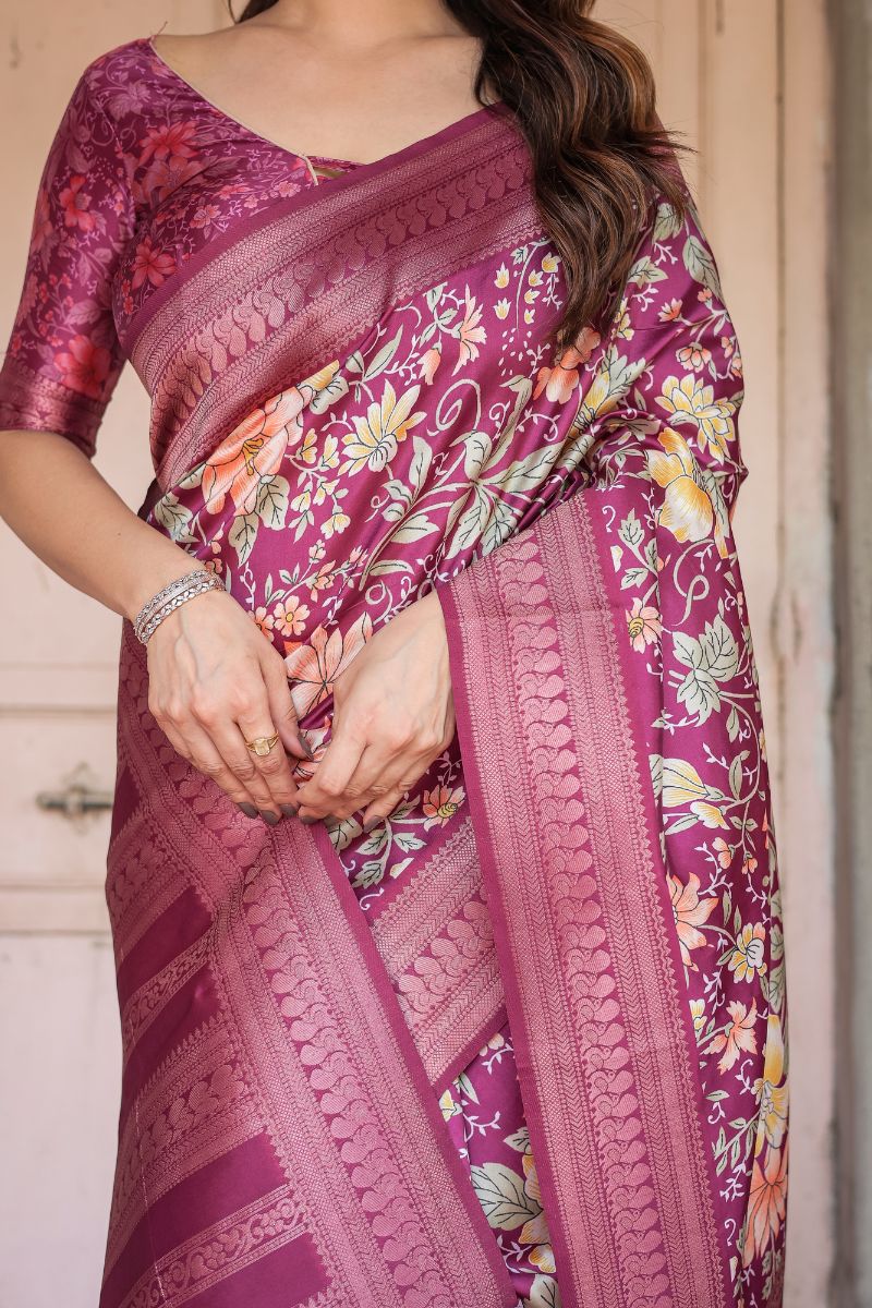 Rich Wine Purple Banarasi Silk Saree with Digital Printing