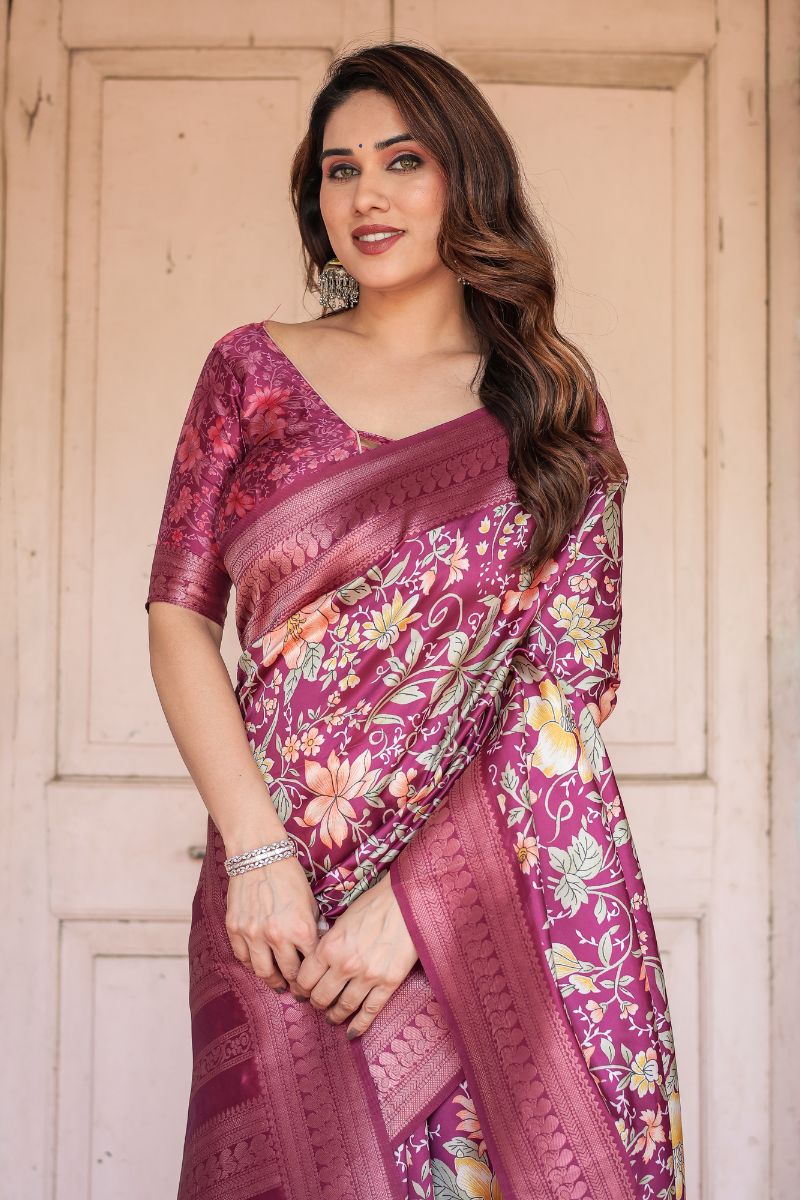 Rich Wine Purple Banarasi Silk Saree with Digital Printing