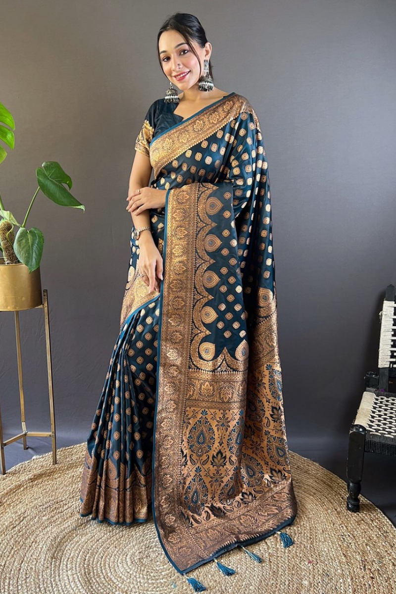 small zari weaves on teal Banarasi Katan Silk Sarees.