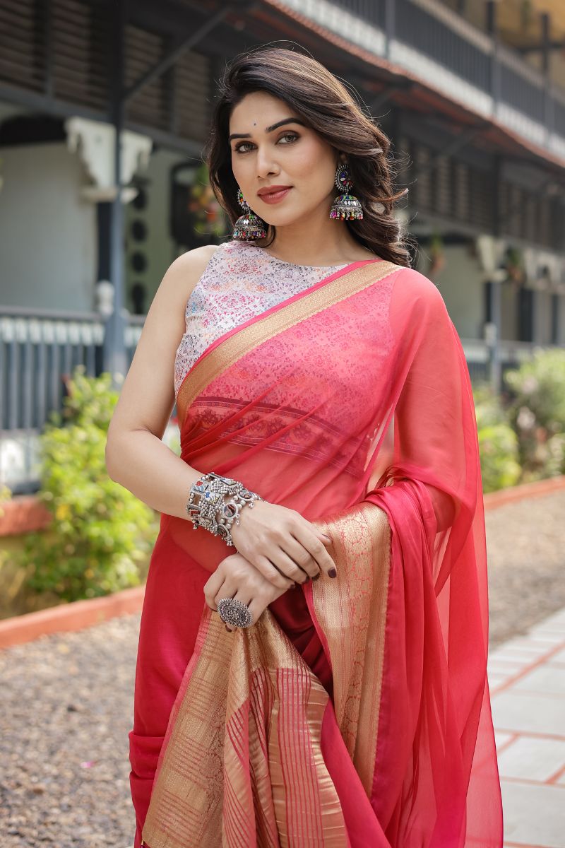 Chiffon Saree with airy, striking coral red light