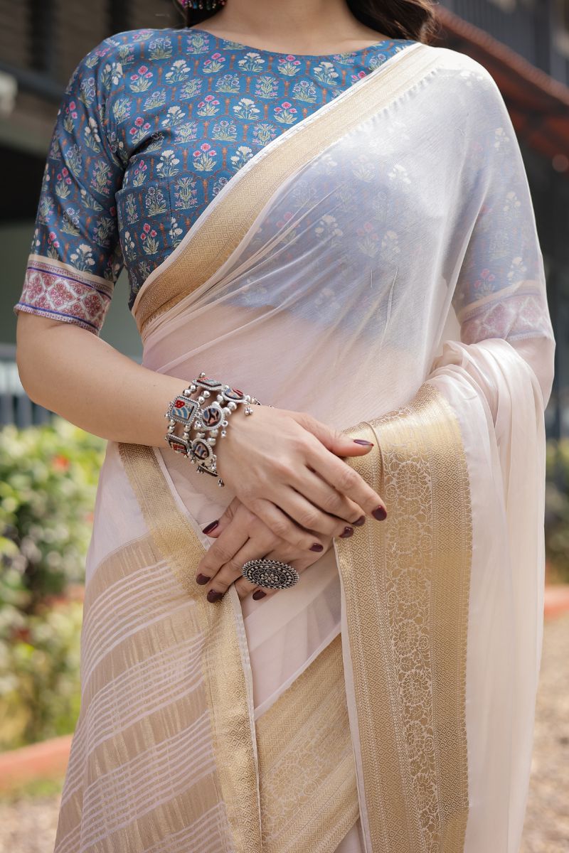 Traditional Lightweight and Flowing Cream White Chiffon Saree