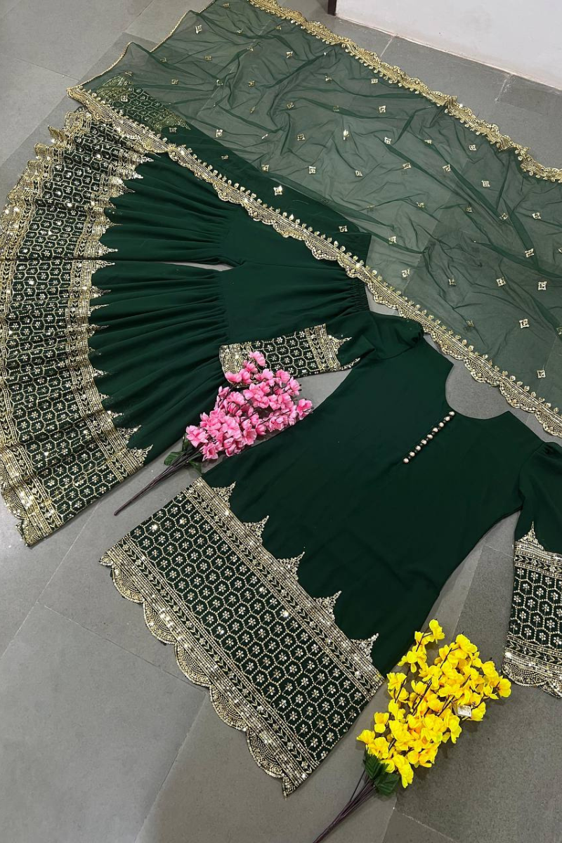 Green Heavy Faux Sharara Dupatta Set in Georgette.