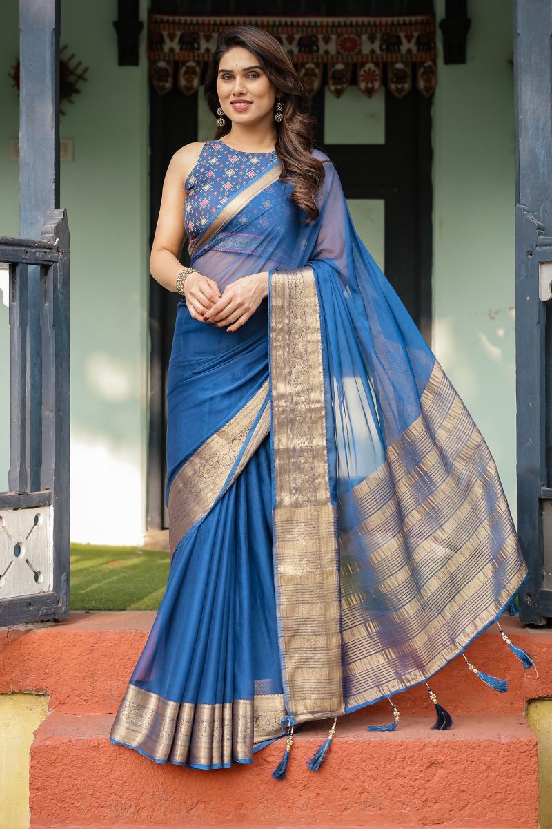 Royal Blue Rich A delicate, flowing chiffon saree for a sophisticated drape