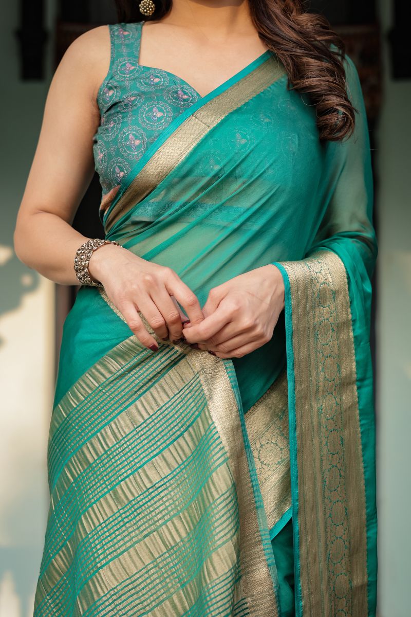 Vibrant Teal Green High-End Chiffon Saree with a supple, breathable fabric
